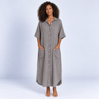 Midi Shirt Dress Women's Relaxed Fit Button Front Patch Pockets Side Split