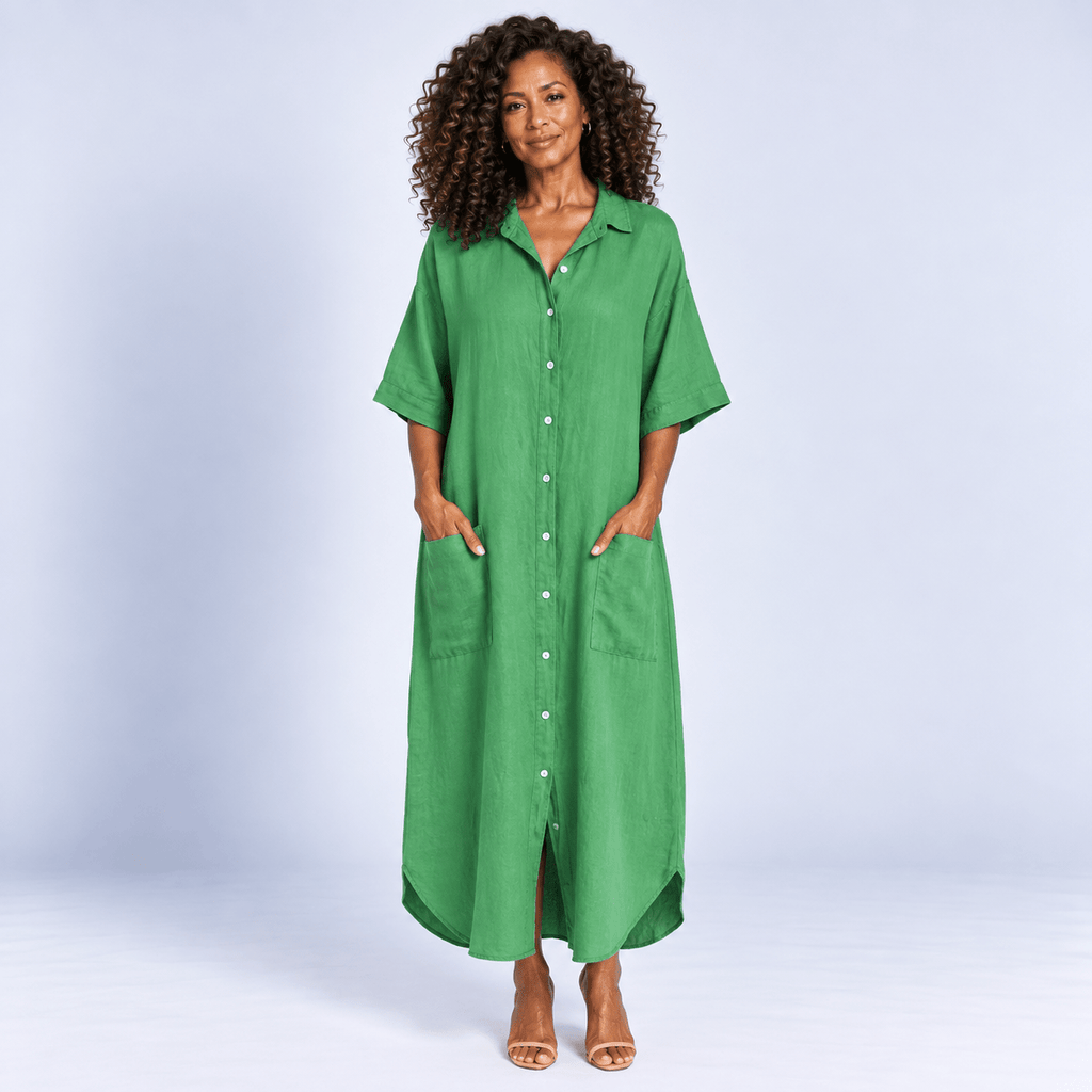 Midi Shirt Dress Women's Relaxed Fit Button Front Patch Pockets Side Split