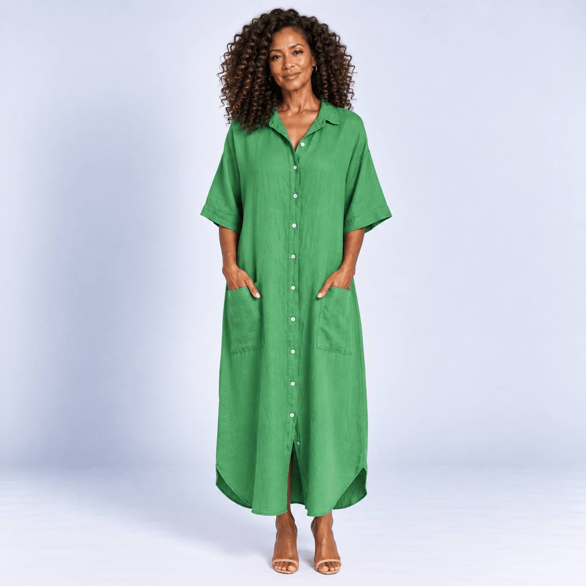 Midi Shirt Dress Women's Relaxed Fit Button Front Patch Pockets Side Split