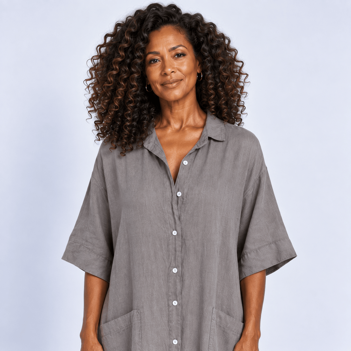 Midi Shirt Dress Women's Relaxed Fit Button Front Patch Pockets Side Split