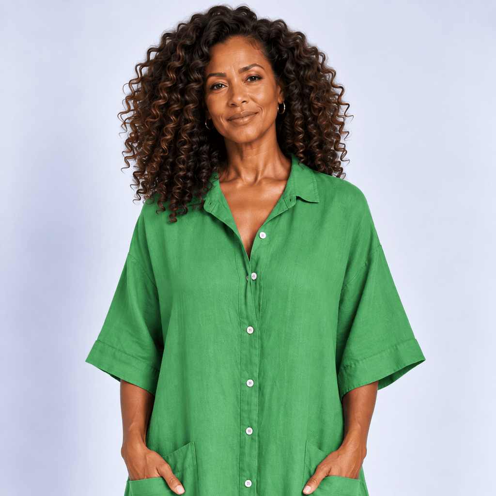 Midi Shirt Dress Women's Relaxed Fit Button Front Patch Pockets Side Split