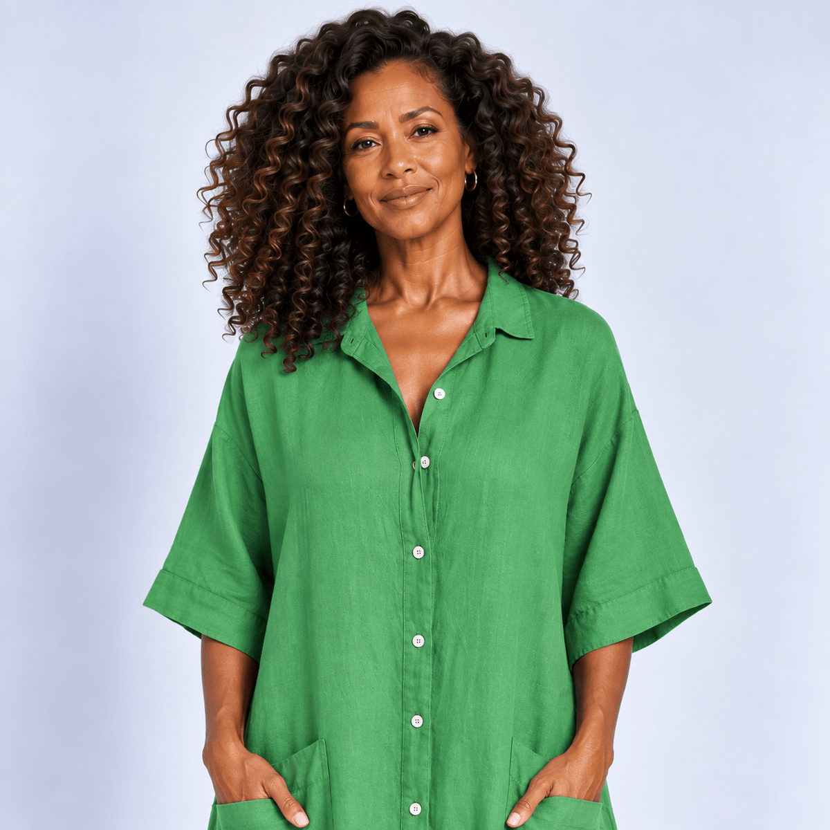 Midi Shirt Dress Women's Relaxed Fit Button Front Patch Pockets Side Split
