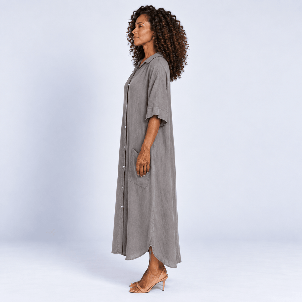 Midi Shirt Dress Women's Relaxed Fit Button Front Patch Pockets Side Split