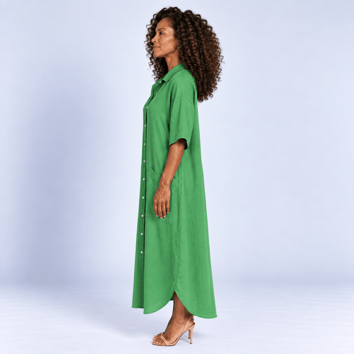 Midi Shirt Dress Women's Relaxed Fit Button Front Patch Pockets Side Split