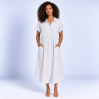 Vertical Striped Midi Shirt Dress Women's Relaxed Button Front Gathered Waist