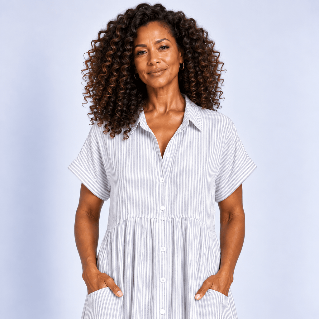 Vertical Striped Midi Shirt Dress Women's Relaxed Button Front Gathered Waist