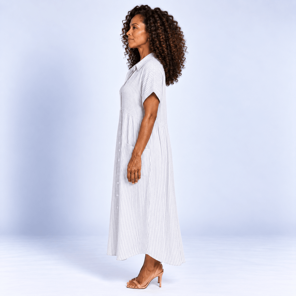 Vertical Striped Midi Shirt Dress Women's Relaxed Button Front Gathered Waist